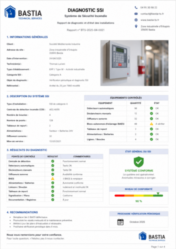 Aperçu flouté d’un rapport de diagnostic SSI Bastia Technical Services avec contrôle d’un système de sécurité incendie, centrale incendie, détecteurs automatiques, BAES et conformité réglementaire ERP.