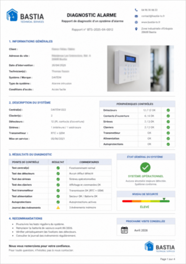Aperçu flouté d’un rapport de diagnostic d’alarme intrusion Bastia Technical Services avec contrôle des détecteurs, centrale, sirènes et état général du système de sécurité.