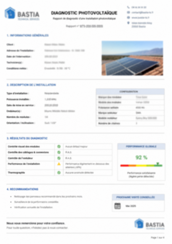 Aperçu flouté d’un rapport de diagnostic photovoltaïque Bastia Technical Services avec analyse technique d’installation solaire, tableau de performance et recommandations de maintenance.