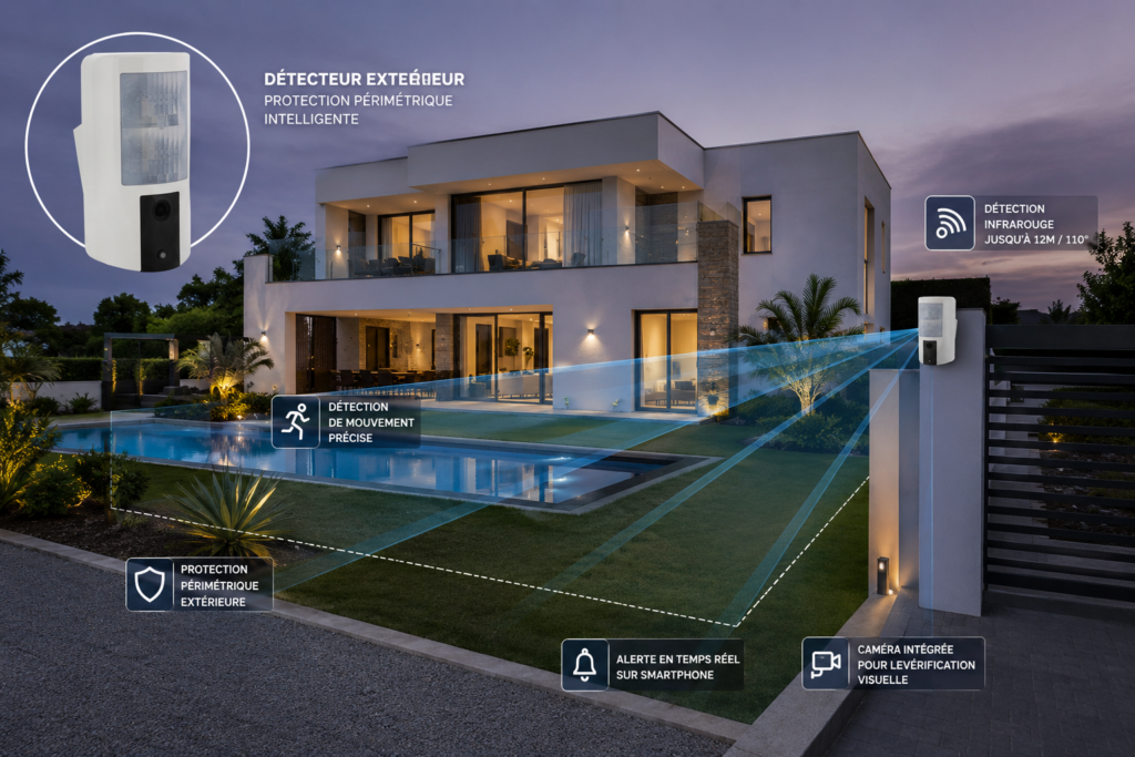 Protégez votre villa en Corse avec un détecteur extérieur intelligent : détection périmétrique, caméra intégrée, alerte en temps réel et vérification visuelle.