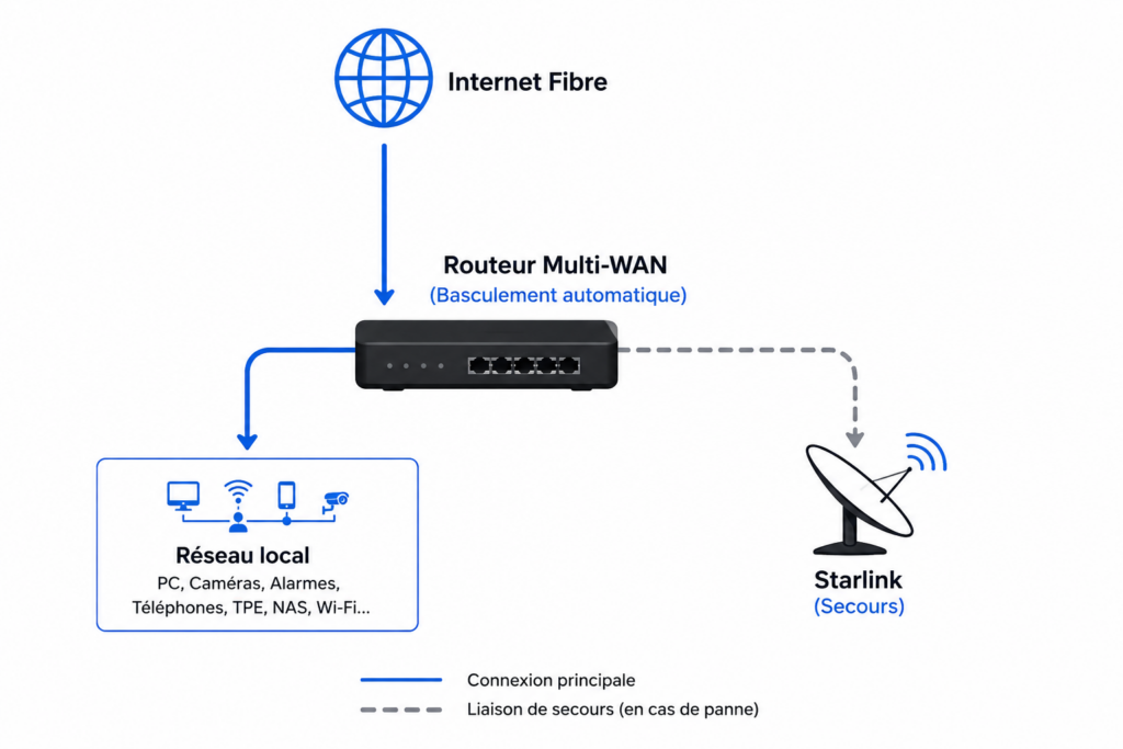 Schéma de fonctionnement d'une connexion Internet sécurisée avec fibre optique principale, routeur Multi-WAN et Starlink en secours avec basculement automatique.