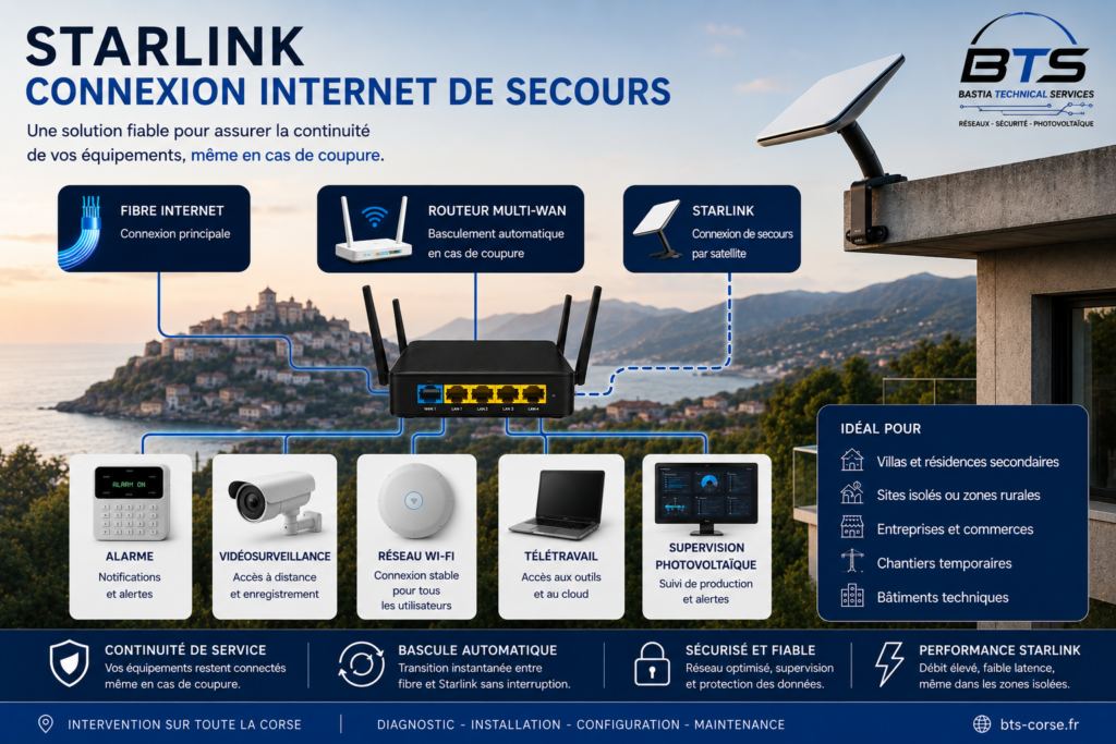 Schéma d'une connexion Internet de secours Starlink avec routeur Multi-WAN assurant la continuité d'un réseau, d'une alarme et d'une vidéosurveillance en Corse.