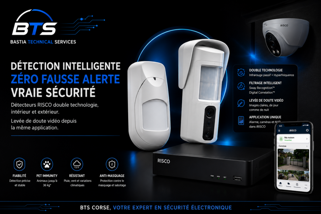 Détecteurs RISCO double technologie intérieur et extérieur avec levée de doute vidéo par BTS Corse