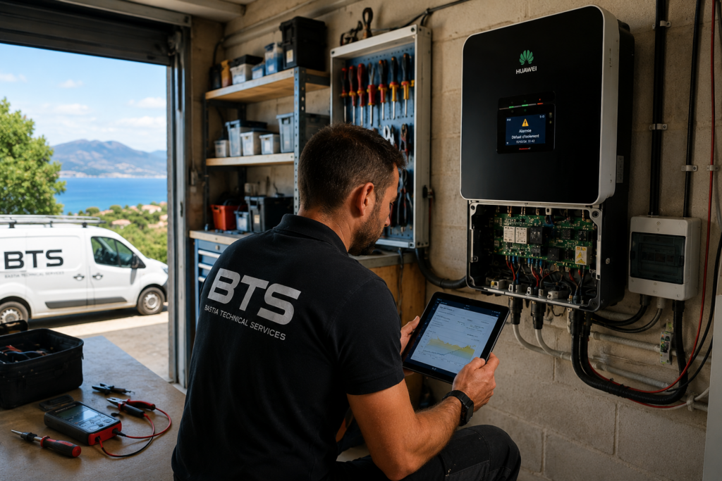 Technicien BTS réalisant le diagnostic d’un onduleur photovoltaïque dans un garage en Corse.